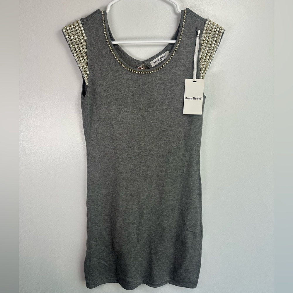 Gray Mini Dress with Pearl and Rhinestone accents, Event, Wedding, Date med/lg